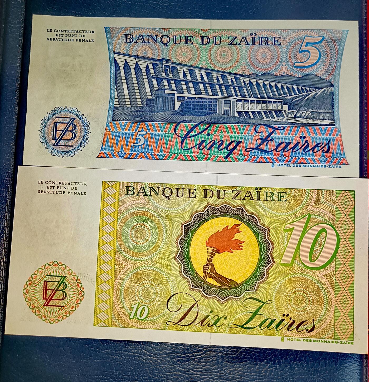 全新扎伊尔1985年5、10扎伊尔超级靓品纸币2枚一组