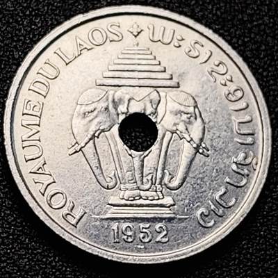 泉币菌-第200场- 新年快乐 新年第8场 本场拍品多 请提前出价（正月十五统一发货） - 原光美品 双象朝圣 老挝1952年20分铝币 圆孔币 27MM 