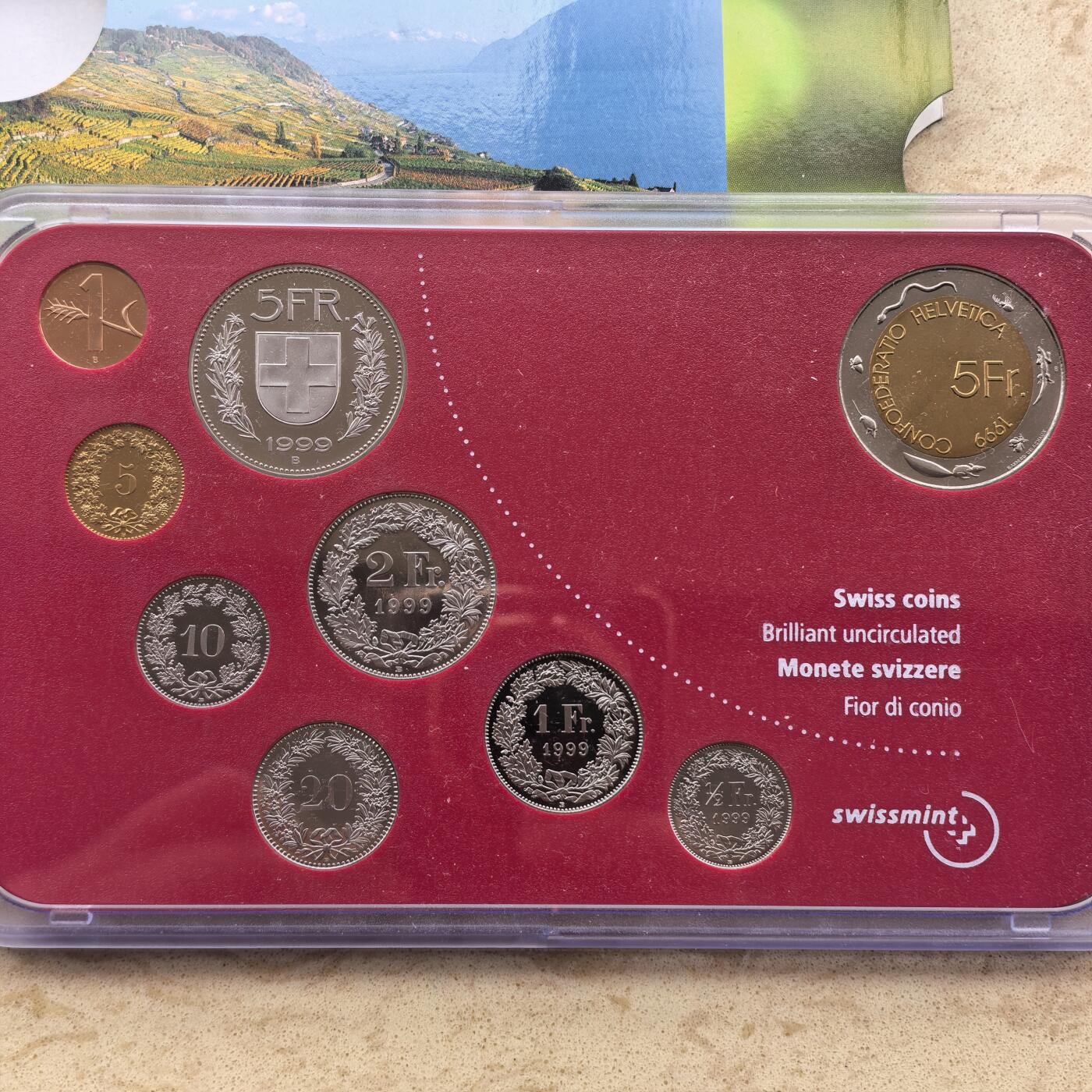 道一币馆币章第一百六十八场 原包装 瑞士1999年葡萄酒节精制套币十枚 含葡萄酒节5法郎纪念币