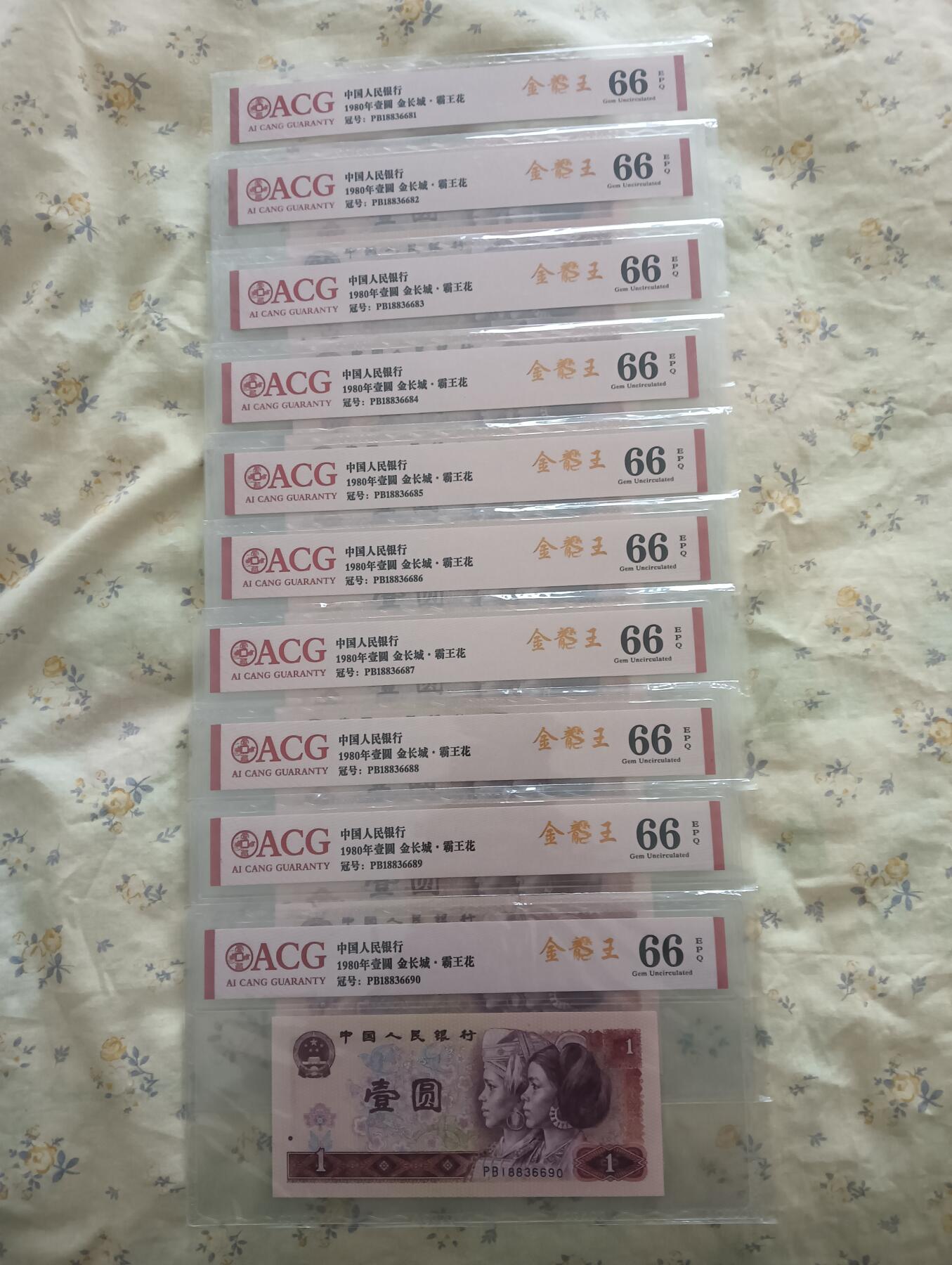标题：801金龙王 ACG66EPQ PB冠 连号10张 保真 描述： 四版壹圆金龙王，PB冠，ACG 66EPQ，10张连号，品相完美。 荧光名品，收藏硬通货，本标十真实价格为988元，标价为平台限制所致，请提前谈好价格谢谢！，平台担保，顺丰保价包邮。 非假不退，看好再拍，评级币售出不退不换。