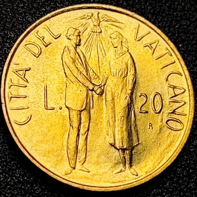 泉币菌-第200场- 新年快乐 新年第8场 本场拍品多 请提前出价（正月十五统一发货） - 原铜光极美 婚姻圣事的神圣祝福 梵蒂冈1982年约翰保罗二世20里拉铝青铜币  21.25mm