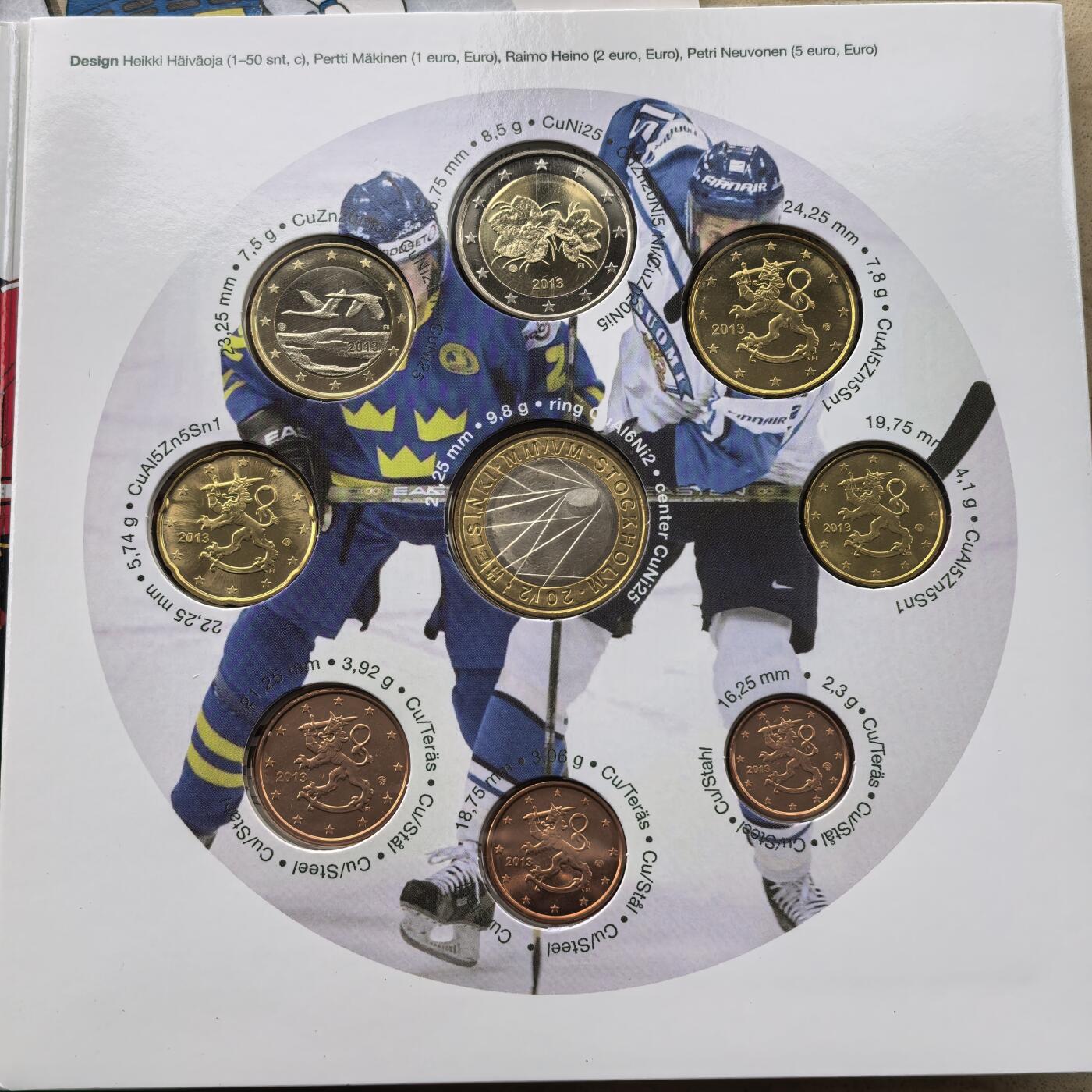 道一币馆币章第一百六十八场 原包装 芬兰2013年世界冰球锦标赛欧元套币九枚 含5欧元纪念币