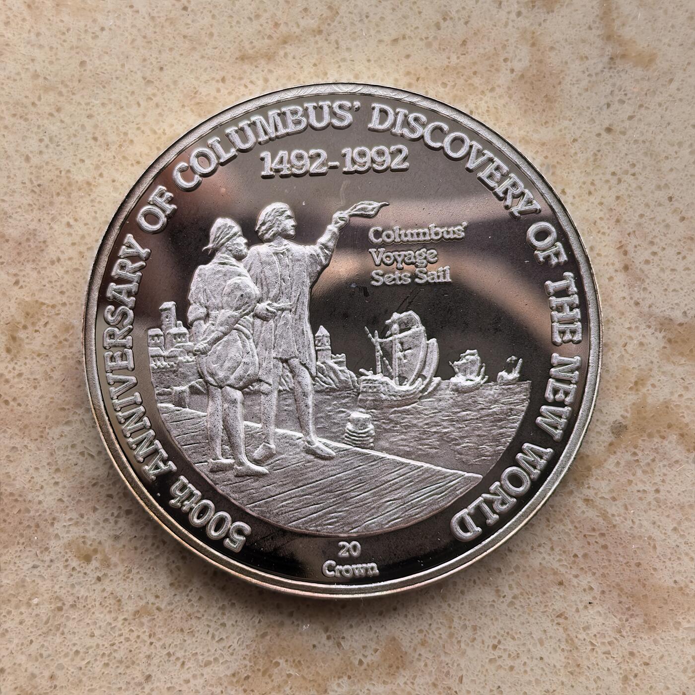 道一币馆币章第一百六十八场 特克斯和凯科斯群岛1991年哥伦布发现美洲大陆500周年20克朗纪念币  28.04g  925s