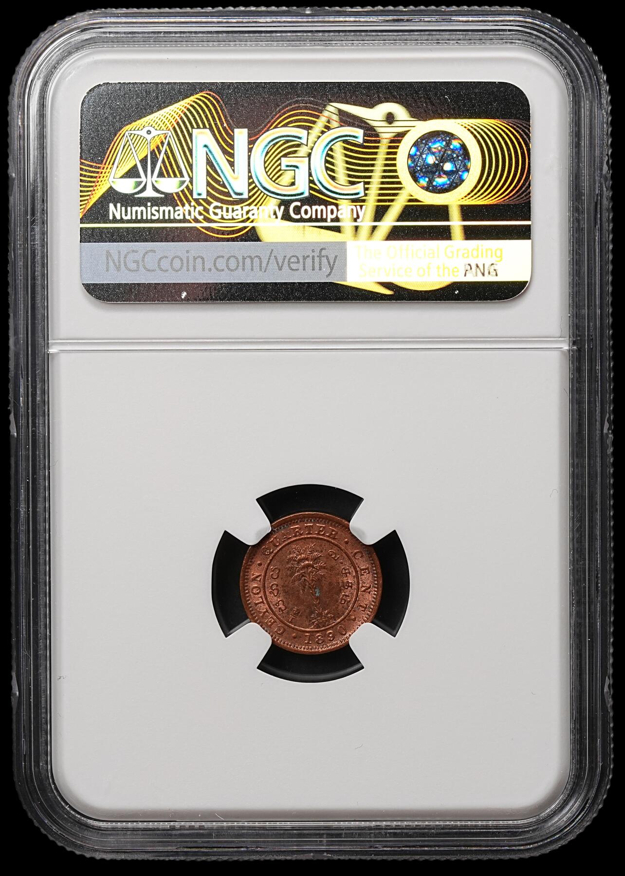 修遠堂世界钱币第106期，请看参拍说明 NGC MS63RB 1890年英属锡兰1/4分铜币