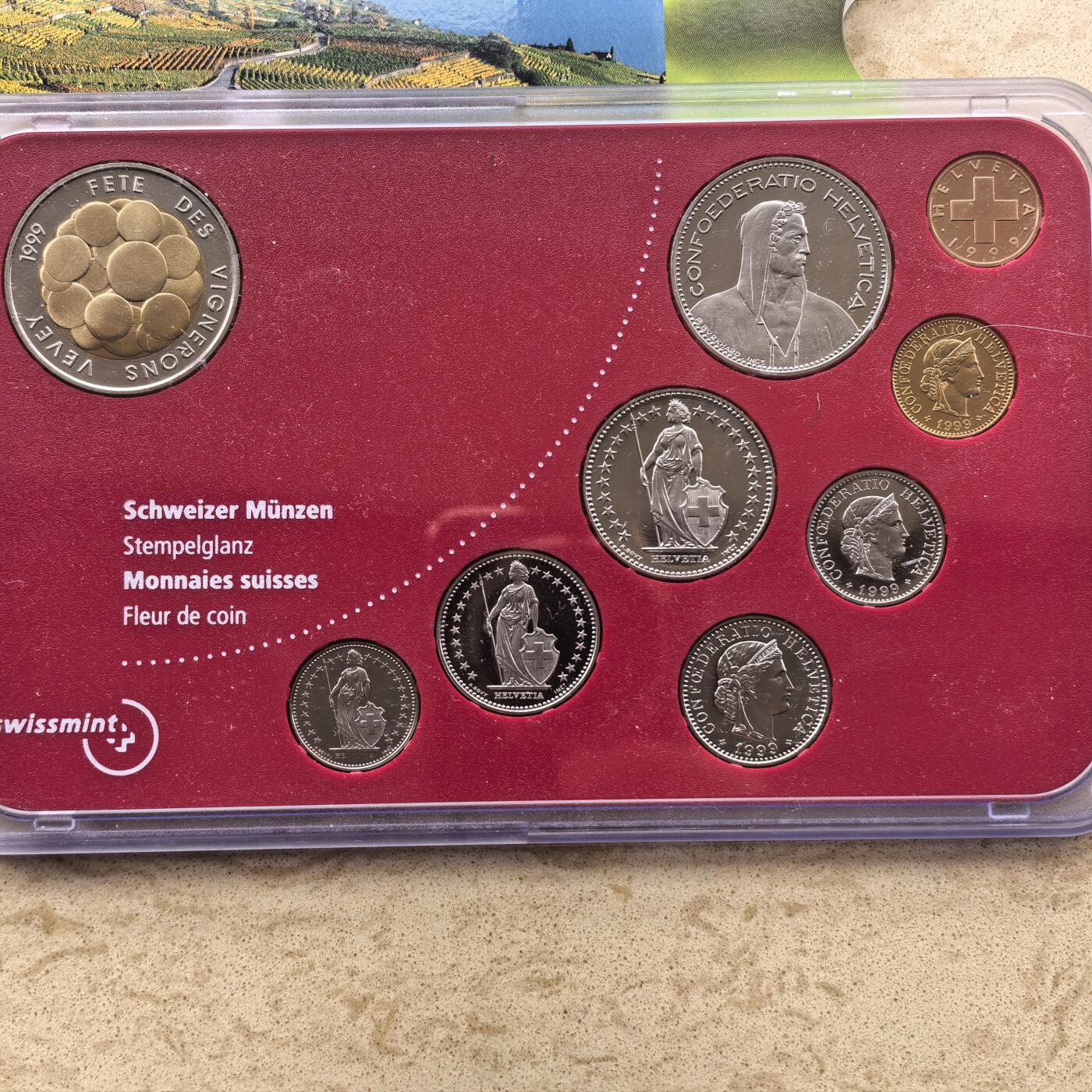 道一币馆币章第一百六十八场 原包装 瑞士1999年葡萄酒节精制套币十枚 含葡萄酒节5法郎纪念币