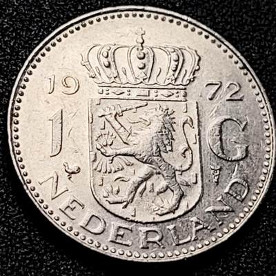 泉币菌-第200场- 新年快乐 新年第8场 本场拍品多 请提前出价（正月十五统一发货） - 1972年 荷兰王国早期1盾 朱莉安娜女王  镍币 硬币 25mm 