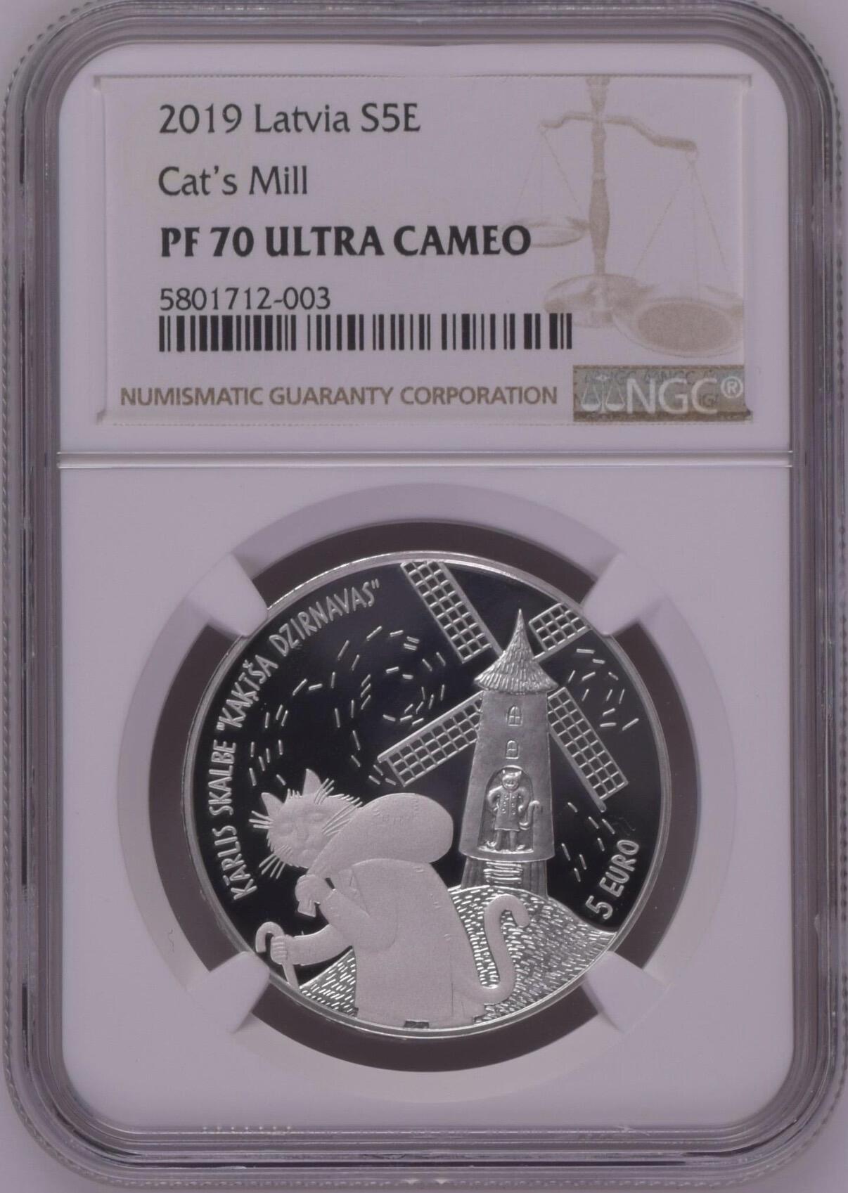 S&S Numismatic世界钱币-拍卖 第121期  拉脱维亚2019年《猫的磨坊》5欧元精制纪念银币 22克925银  NGC PF70UC