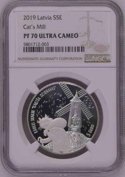 S&S Numismatic世界钱币-拍卖 第121期  - 拉脱维亚2019年《猫的磨坊》5欧元精制纪念银币 22克925银  NGC PF70UC