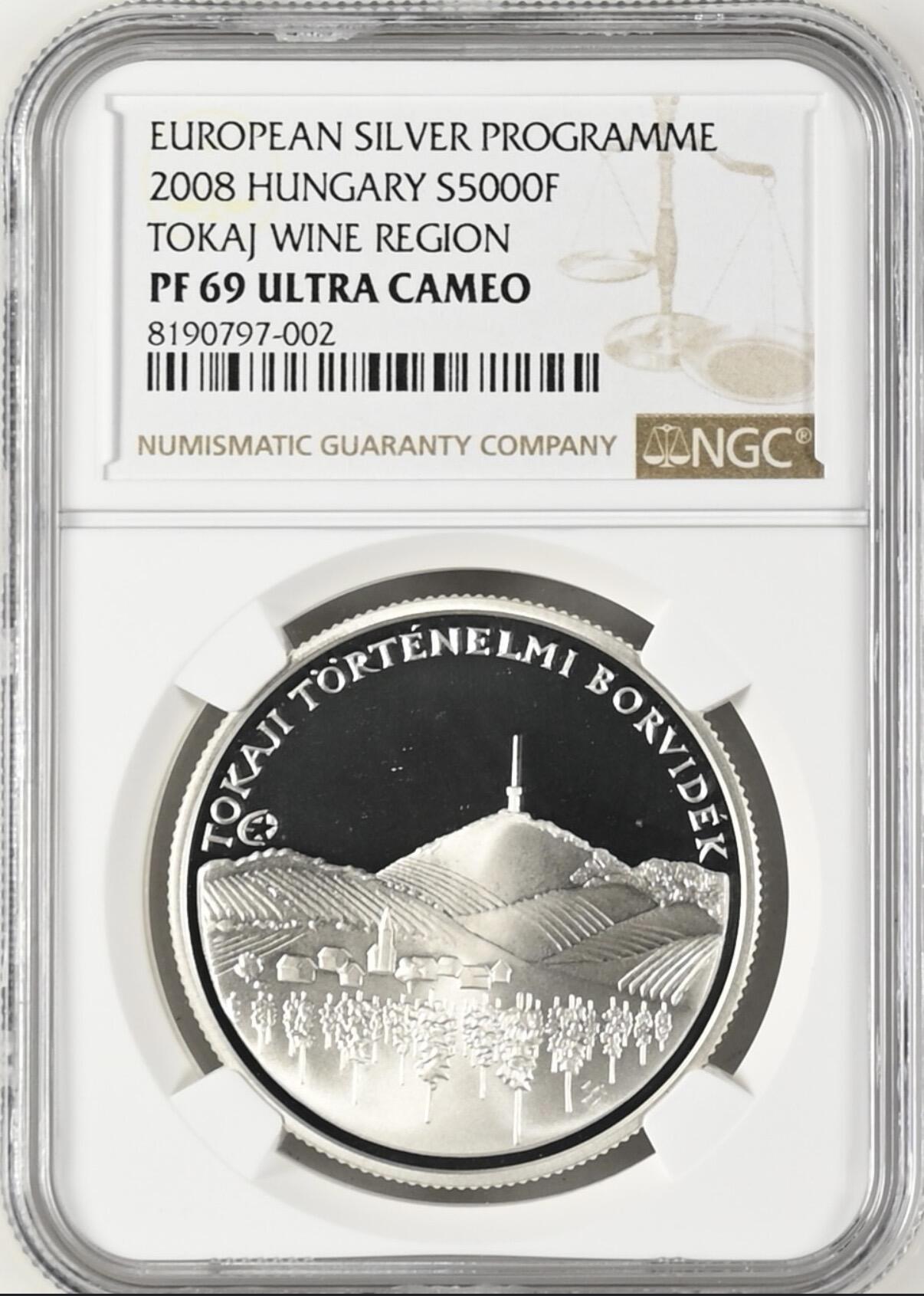 S&S Numismatic世界钱币-拍卖 第121期  获奖币*匈牙利2008年 联合国教科文组织-托卡伊葡萄酒产区 5000福林精制纪念银币 31.46克925银  NGC PF69UC