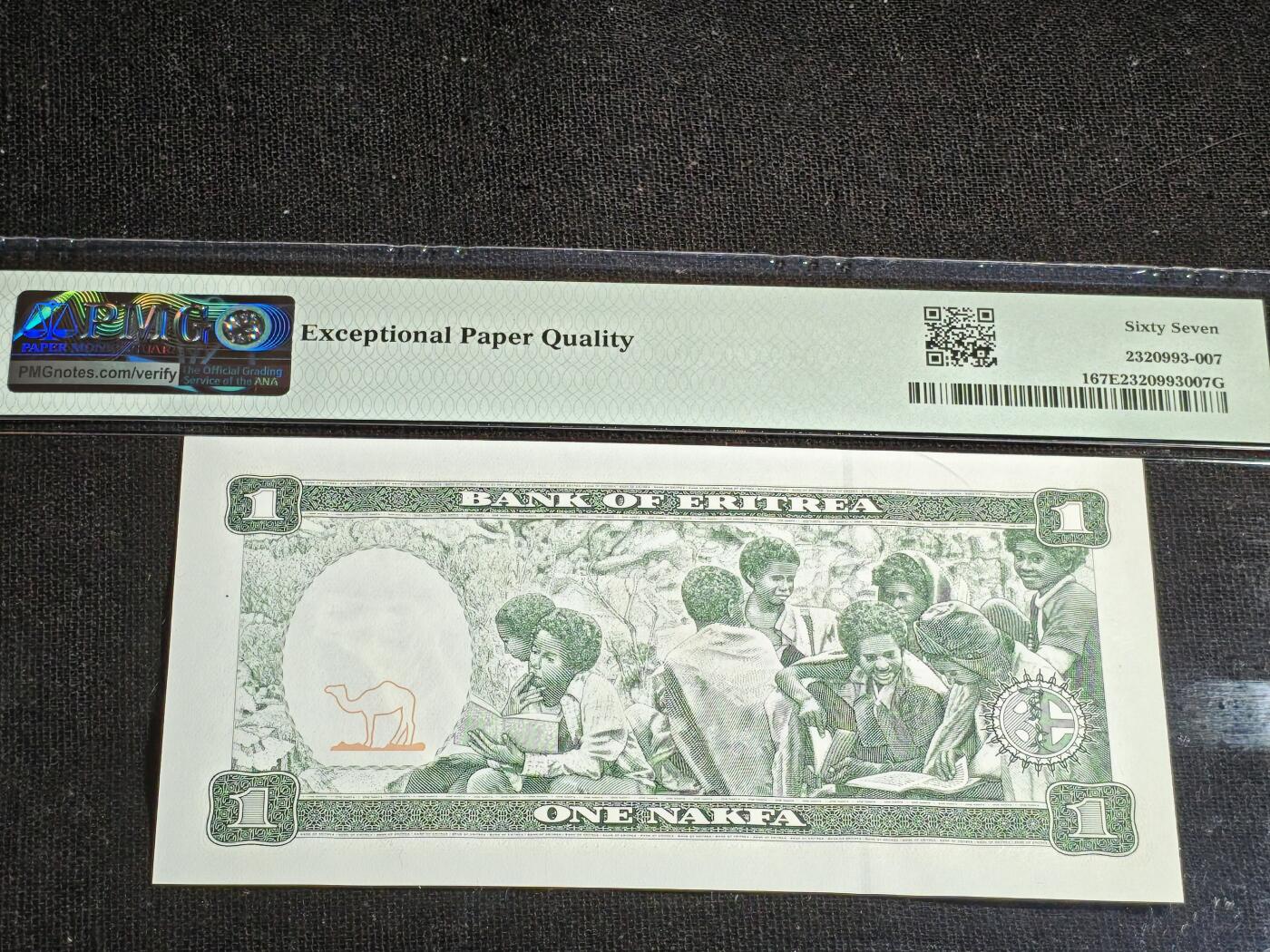 刘世昌艺术品销售中心～虎踞龙蟠*金杨在线联拍群第517期 厄立特里亚1997年1纳克法（PMG  67E   号码：AN7844032）1枚。