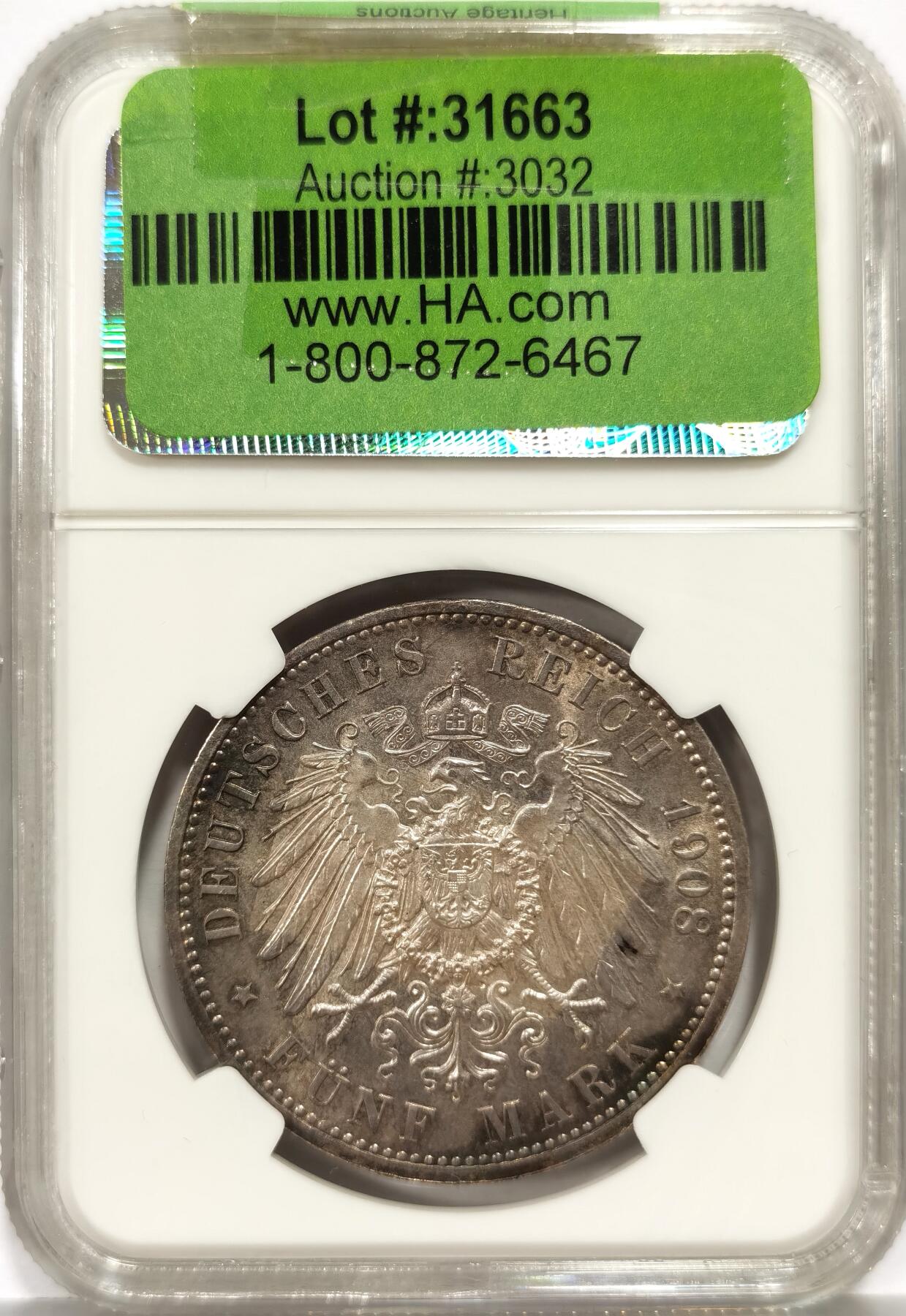 博洋堂世界钱币拍卖第162期（全场包邮） NGC MS64 德国萨克森-魏玛-爱森纳赫1908年耶拿大学5马克银币