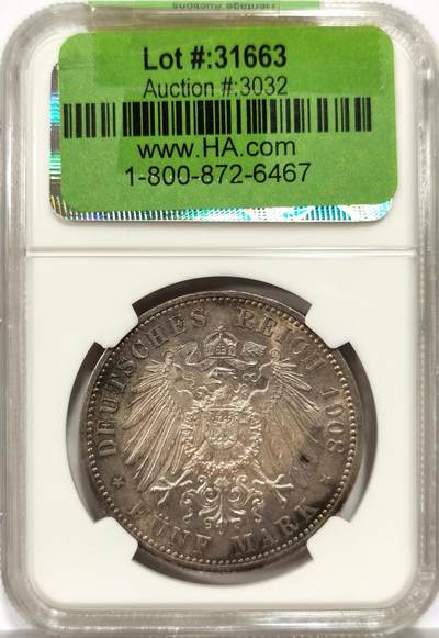 博洋堂世界钱币拍卖第162期（全场包邮） NGC MS64 德国萨克森-魏玛-爱森纳赫1908年耶拿大学5马克银币