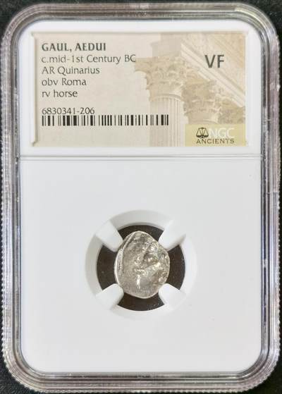 甄臻铺-世界币章拍卖（第52期），甄品场拍品征集中，送拍享返佣金等优惠多多 - NGC-VF 马年买马币，公元前1世纪中期，高卢地区埃杜伊部落打制币，蛮族，正面罗马女神，背面马，凯尔特风格明显，马的肌肉线条清晰可见，此品种国内非常罕见