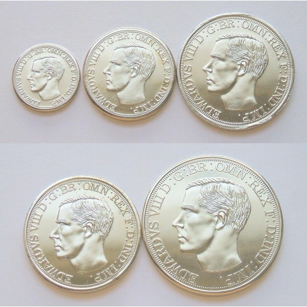 【旋风钱币】2月28日19:00准时开拍 精美欧洲币章、银币银章、第三帝国钱币等 全场包邮！ 【样币】5枚套 英国3便士-1克朗 爱德华八世屠龙马剑等 高浮雕精制镀银样币