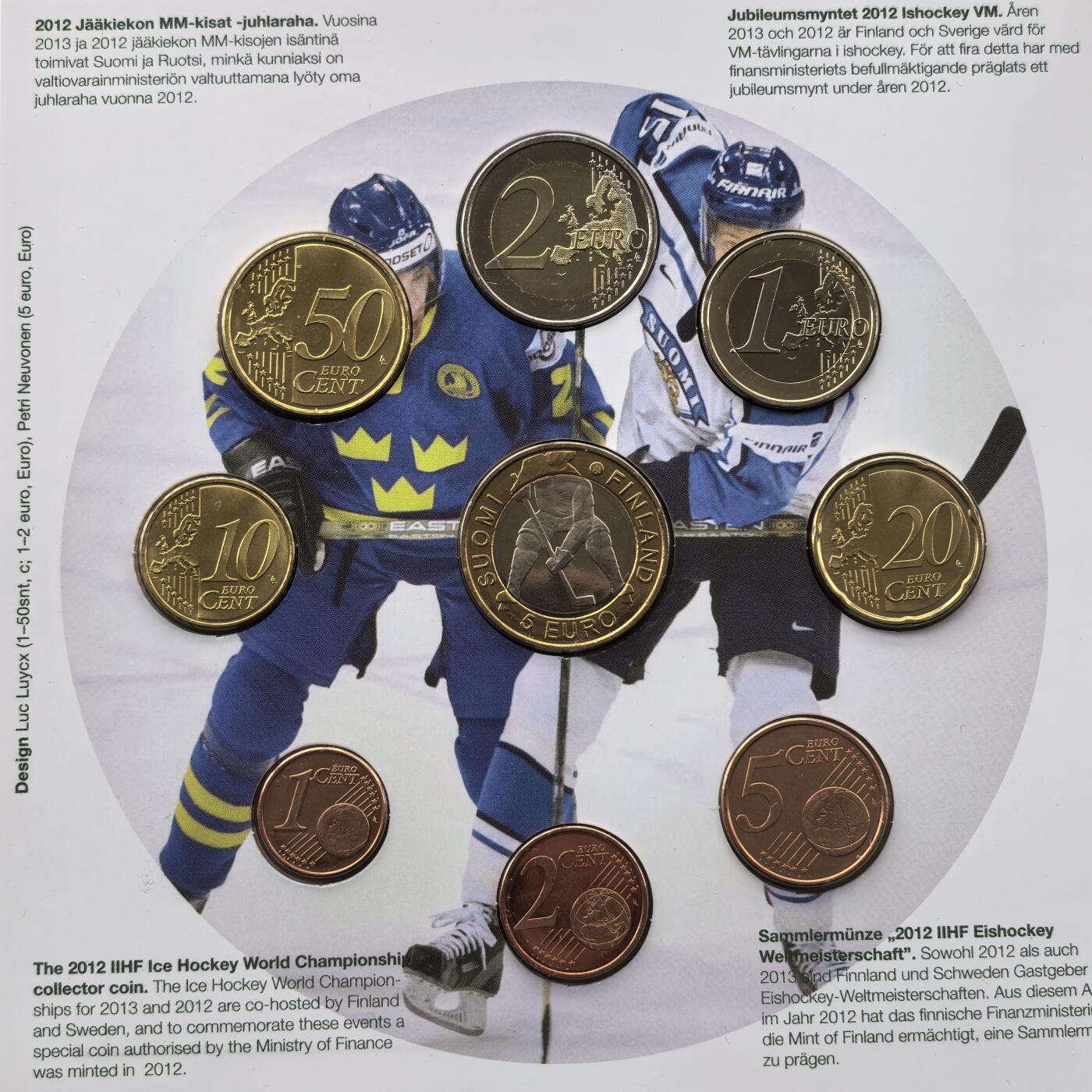 道一币馆币章第一百六十八场 原包装 芬兰2013年世界冰球锦标赛欧元套币九枚 含5欧元纪念币