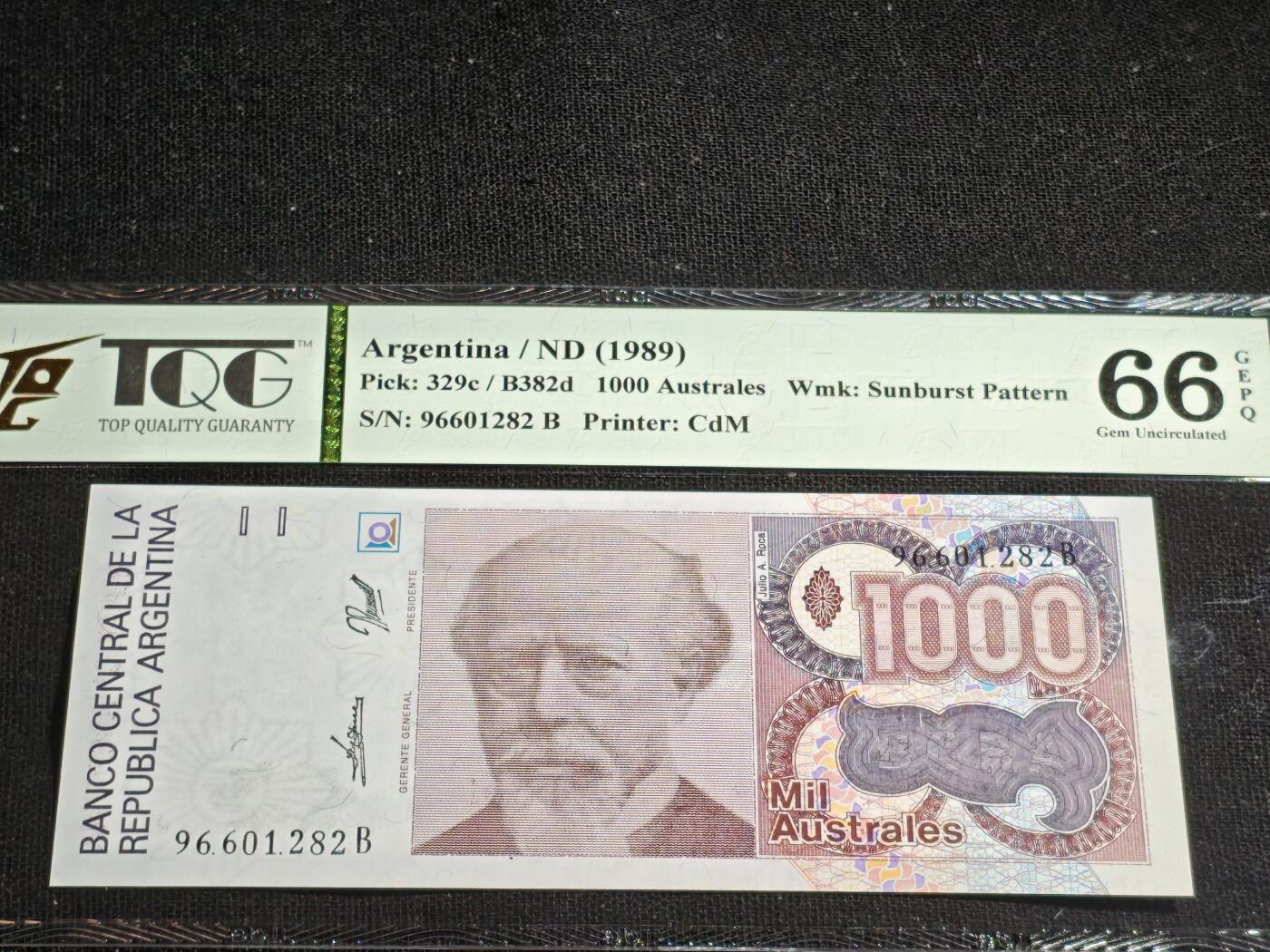 刘世昌艺术品销售中心～虎踞龙蟠*金杨在线联拍群第517期 阿根廷1989年1000奥斯特（TQG  66GE   号码：96601282B）1枚。