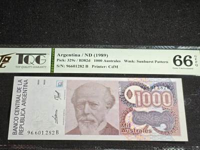 刘世昌艺术品销售中心～虎踞龙蟠*金杨在线联拍群第517期 - 阿根廷1989年1000奥斯特（TQG  66GE   号码：96601282B）1枚。