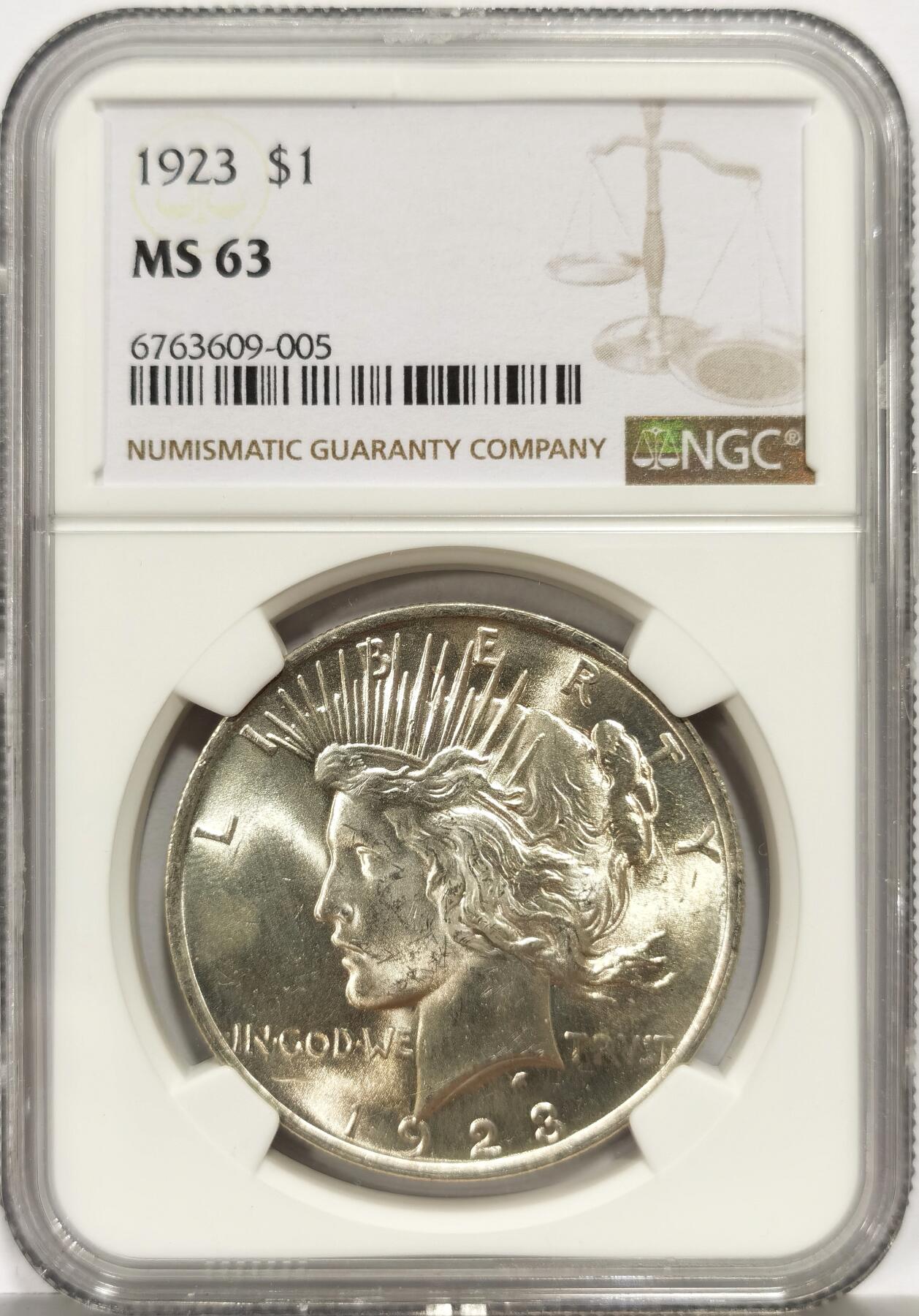 博洋堂世界钱币拍卖第162期（全场包邮） NGC MS63 美国1923年和平一元大银币，自然光泽极其曼妙