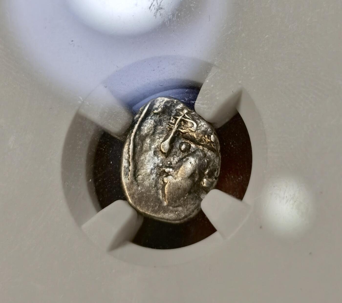 甄臻铺-世界币章拍卖（第52期），甄品场拍品征集中，送拍享返佣金等优惠多多 NGC-VF 马年买马币，公元前1世纪中期，高卢地区埃杜伊部落打制币，蛮族，正面罗马女神，背面马，凯尔特风格明显，马的肌肉线条清晰可见，此品种国内非常罕见