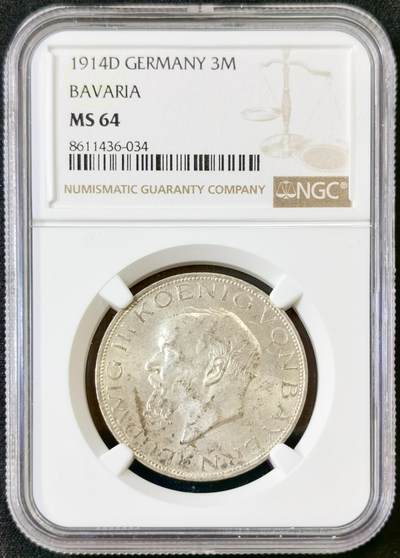 甄臻铺-世界币章拍卖（第52期），甄品场拍品征集中，送拍享返佣金等优惠多多 - NGC-MS64，1914D路德维希三世3马克，高分好品