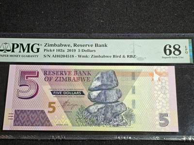 刘世昌艺术品销售中心～虎踞龙蟠*金杨在线联拍群第517期 - 津巴布韦2019年5元（PMG  68E   号码：AH6204518）1枚。
