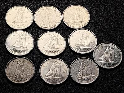 泉币菌-第200场- 新年快乐 新年第8场 本场拍品多 请提前出价（正月十五统一发货） - 高币值一组10枚 加拿大10分镍币 伊丽莎白二世