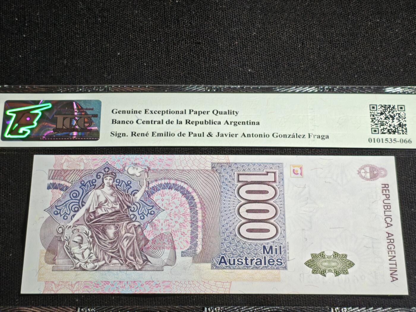 刘世昌艺术品销售中心～虎踞龙蟠*金杨在线联拍群第517期 阿根廷1989年1000奥斯特（TQG  66GE   号码：96601282B）1枚。