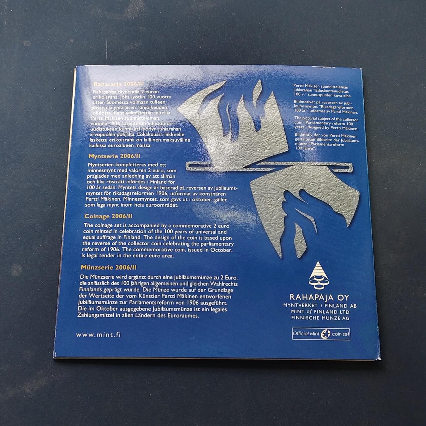 【全场包邮】纯粹捡漏拍506场-持续更新中 芬兰2006年全民选举权主题官方套币-含2欧元全民选举权100周年双色纪念币（编号2006-2）