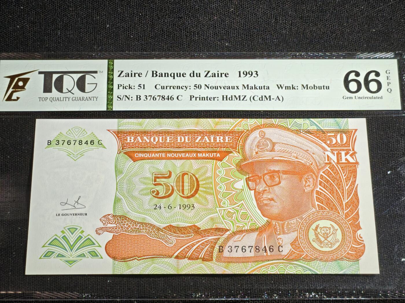 刘世昌艺术品销售中心～虎踞龙蟠*金杨在线联拍群第517期 扎伊尔1993年50新马库塔（TQG  66GE   号码：B3767846C）1枚。
