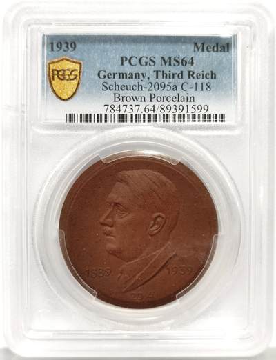 博洋堂世界钱币拍卖第162期（全场包邮） PCGS MS64 1939年德国民族社会主义工人党党魁50大寿梅森纪念陶瓷章 棕色单面型 罕见品种 麦稀奇同分成交价2800元