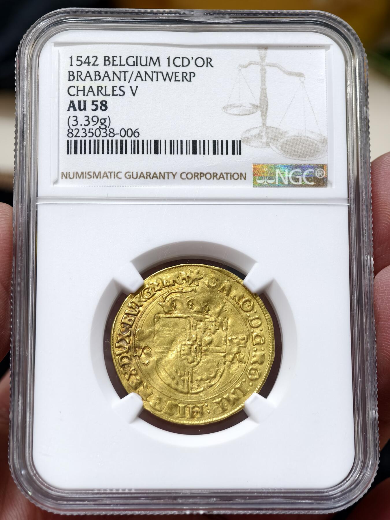 NGC-AU53神圣罗马帝国1542年布拉班特查理五世1金王冠金币