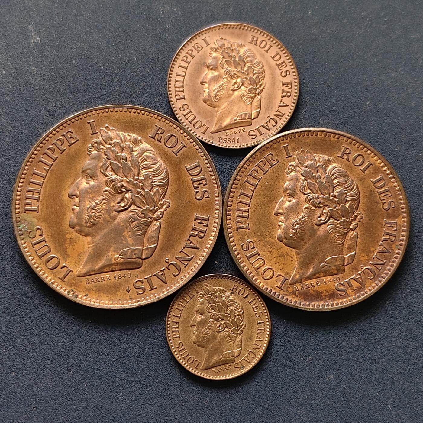 【全场包邮】纯粹捡漏拍507场-持续更新中 【样币】法国路易斯·菲利普一世1-10分铜样币4枚（2分版为1842年E11）-原盒