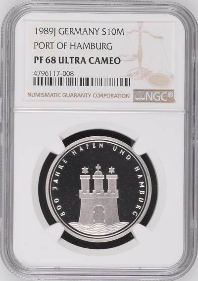 S&S Numismatic世界钱币-拍卖 第121期  - 德国1989年 汉堡港建成800周年 10马克精制纪念银币 15.5克625银 NGC PF68UC