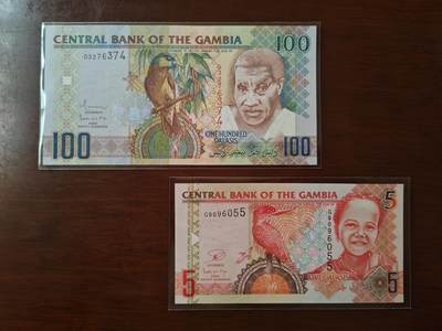 【礼羽收藏】🌏世界钱币拍卖126期 -  (一组2张)【UNC】非洲 冈比亚 5.100达拉西 纸钞