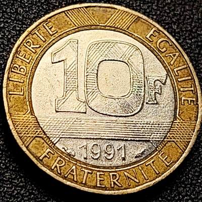 泉币菌-第200场- 新年快乐 新年第8场 本场拍品多 请提前出价（正月十五统一发货） - 火炬 胜利女神 1991年 法国10法郎硬币 23mm 双色币 