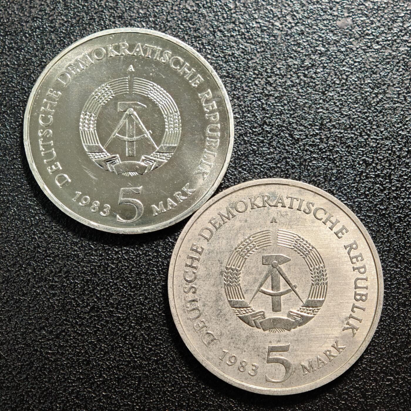 【德藏】世界币章拍卖第167期（拍品征集中~欢迎藏友联系） 2枚一组 1983年 东德马丁路德诞辰500周年5马克纪念镍币 及 1983年 东德维滕贝格教堂5马克纪念镍币