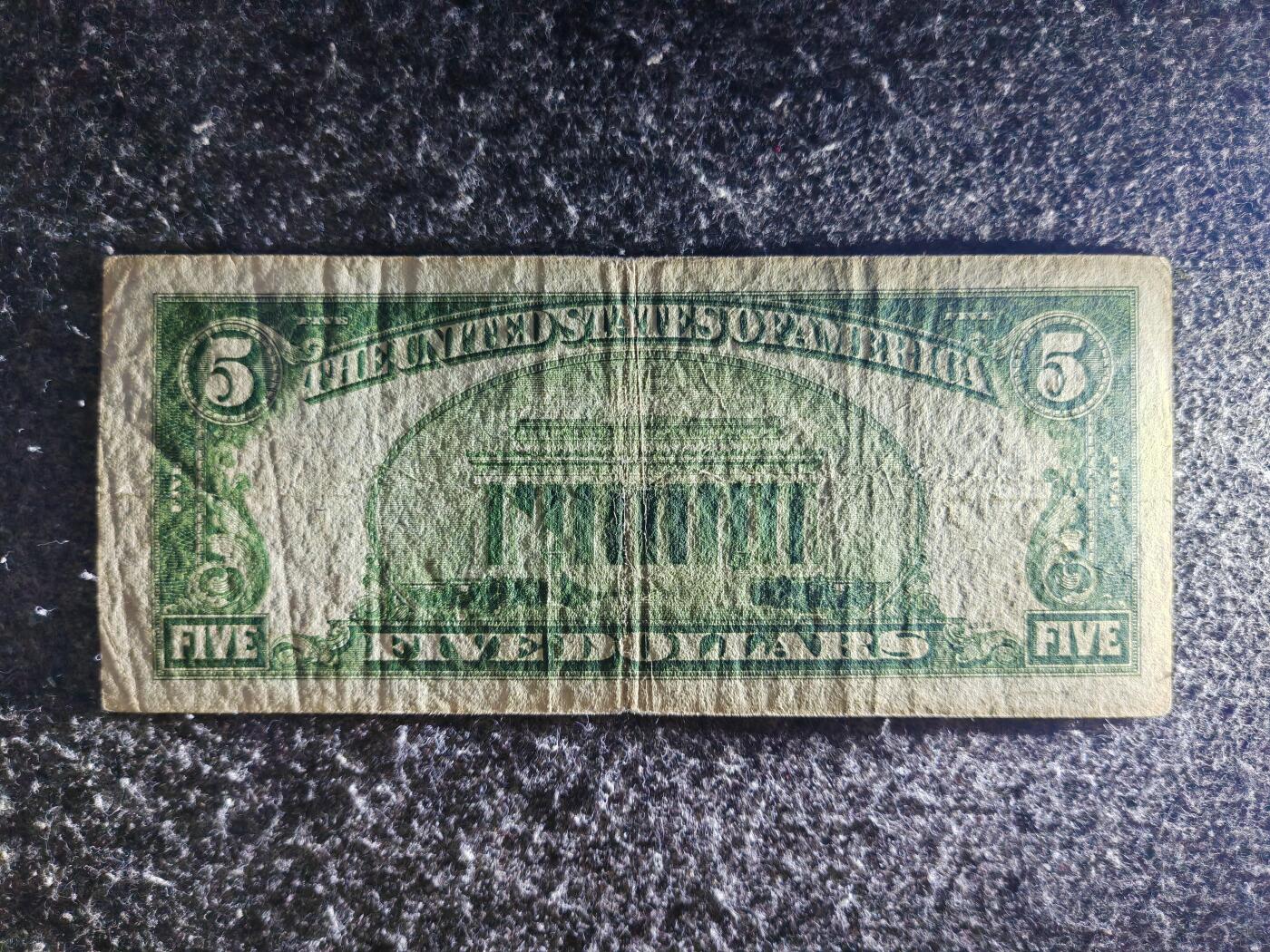 【礼羽收藏】🌏世界钱币拍卖126期 【旧票】【B70591344B】美洲 美国 1934年A序列B 5美元 绿色库印