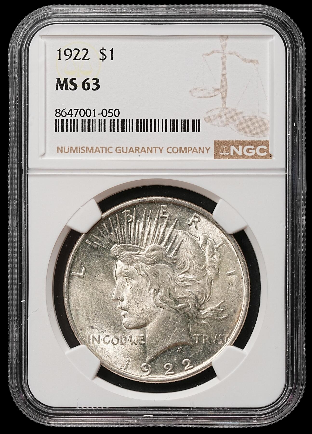 修遠堂世界钱币第106期，请看参拍说明 NGC MS63 1922年美国和平鹰洋大银币