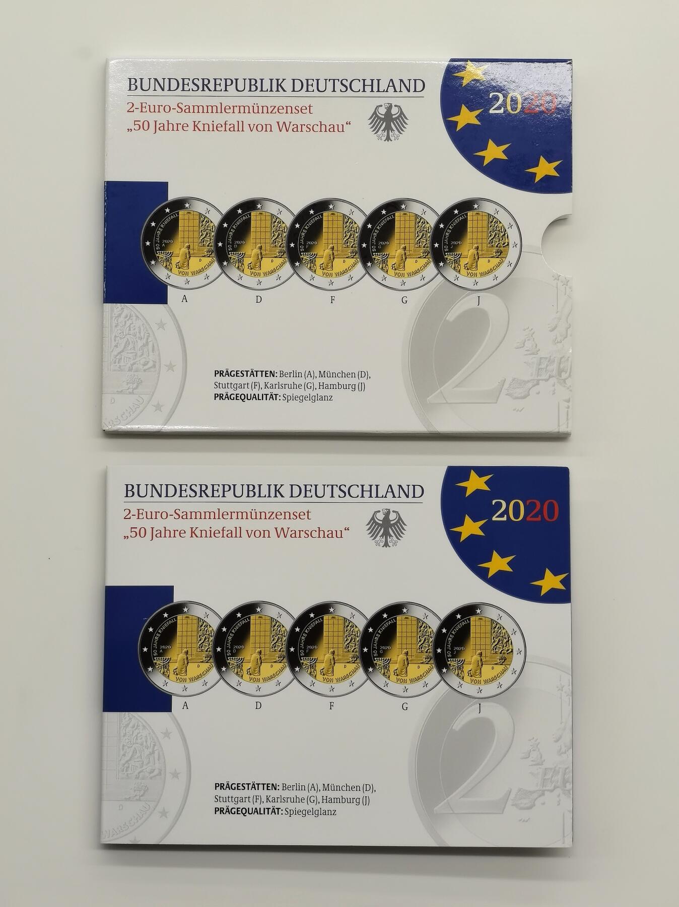 博洋堂世界钱币拍卖第162期（全场包邮） 德国2020年2欧X5精制纪念币套 华沙之跪50年 5个造币厂