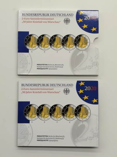 博洋堂世界钱币拍卖第162期（全场包邮） - 德国2020年2欧X5精制纪念币套 华沙之跪50年 5个造币厂