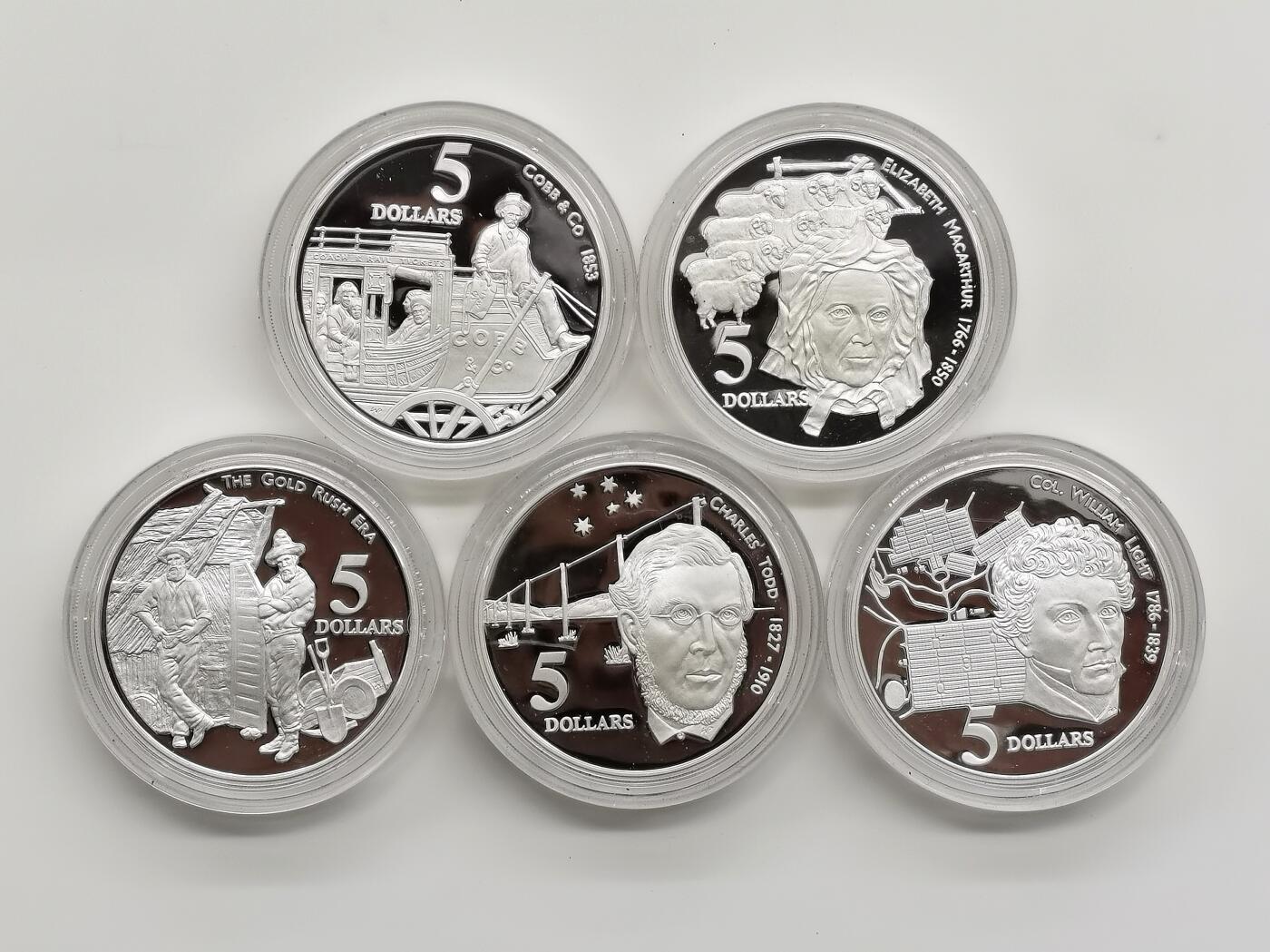 博洋堂世界钱币拍卖第162期（全场包邮） 澳大利亚1995年5澳元X5精制银币套 澳大利亚殖民时期总督 925银35.79克X5 共178.5克 发行量：2万套 盒证全