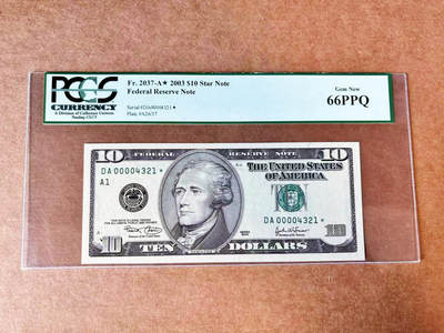 【Blue Auction】世界纸币精拍第788期——18级TOP拍卖/信誉/品质/专业/高效💫 -  【靓号00004321* 千位小号 倒阶梯号 补号】美国 2003年10美金 PCGS66EPQ 该补号号码非常难得