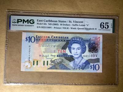 【礼羽收藏】🌏世界钱币拍卖126期 - 【H221189V】全新UNC 2003年东加勒比10元纸币 圣文森特 无3457尾1189 朦胧号