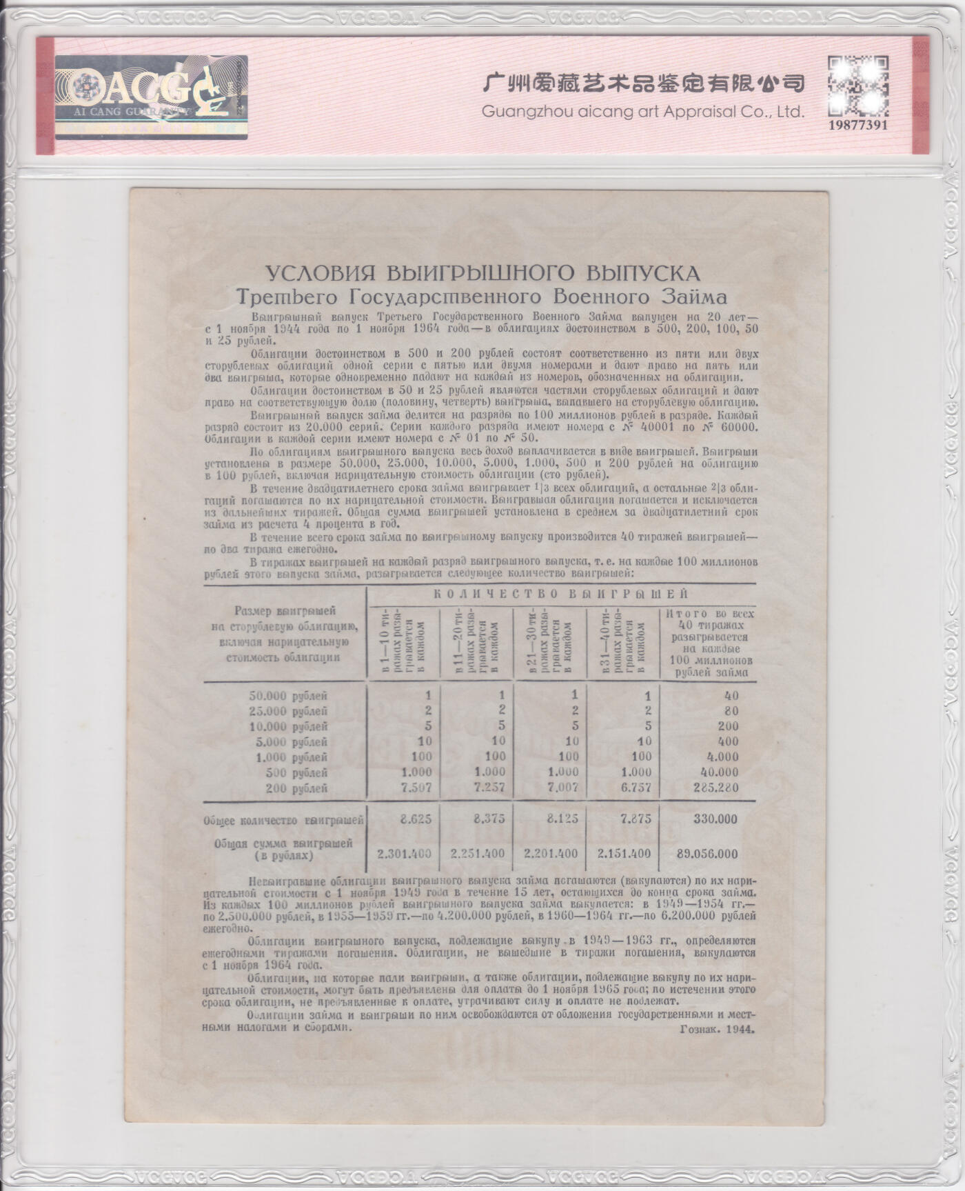 苏联（WWII债券）1944年100卢布 爱藏评级60e 非PMG