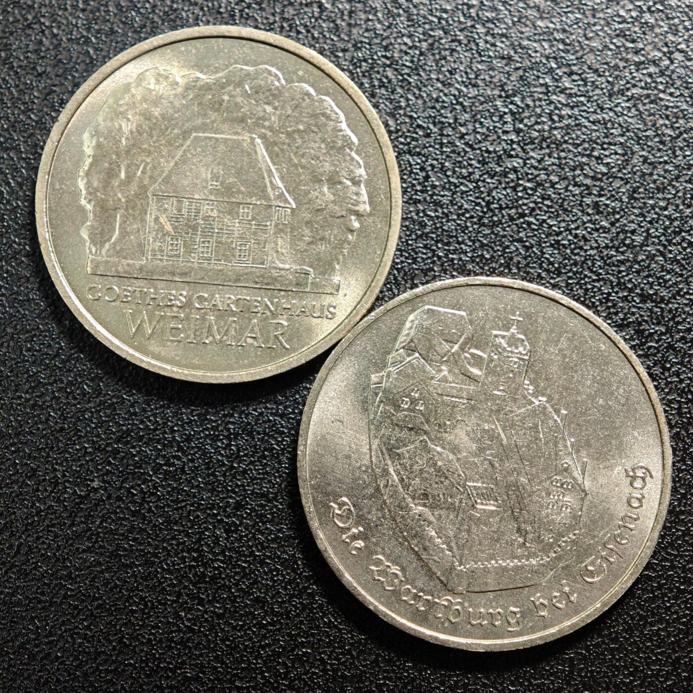 【德藏】世界币章拍卖第167期（拍品征集中~欢迎藏友联系） 2枚一组 1982年 东德歌德魏玛小屋5马克纪念镍币 及 1982年 东德图林根艾森纳赫城堡5马克纪念镍币