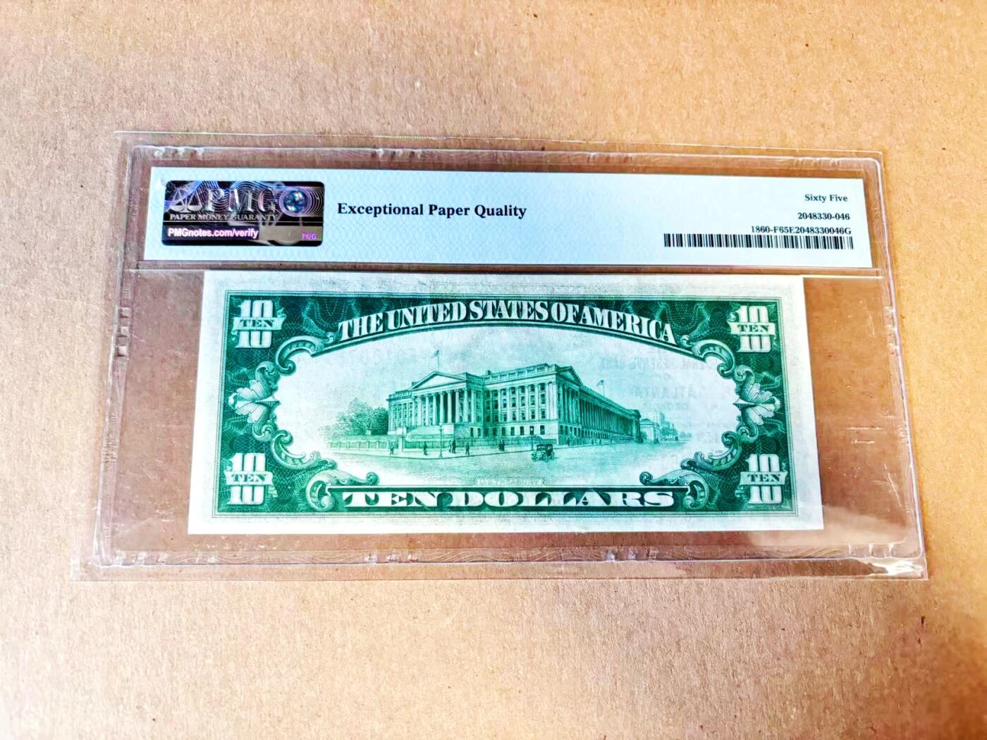 【Blue Auction】世界纸币精拍第788期——18级TOP拍卖/信誉/品质/专业/高效💫 美国 1929年10美金 国民券 亚特兰大版 PMG65EPQ 