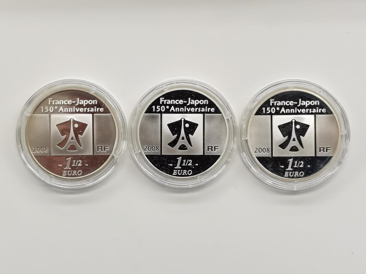 博洋堂世界钱币拍卖第162期（全场包邮） 法国2008年1.5欧元X3精制银币套 法日外交关系150周年 900银22.2克X3 共计66.6克 盒证全 发行量：5000