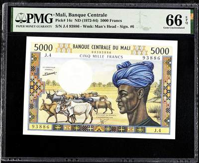 【Blue Auction】世界纸币精拍第788期——18级TOP拍卖/信誉/品质/专业/高效💫 - 【无47 目录价更高的c版 评级量仅e版1/3】马里 1972-84年5000法郎 棉花姐 PMG66EPQ 法属风 设计精美