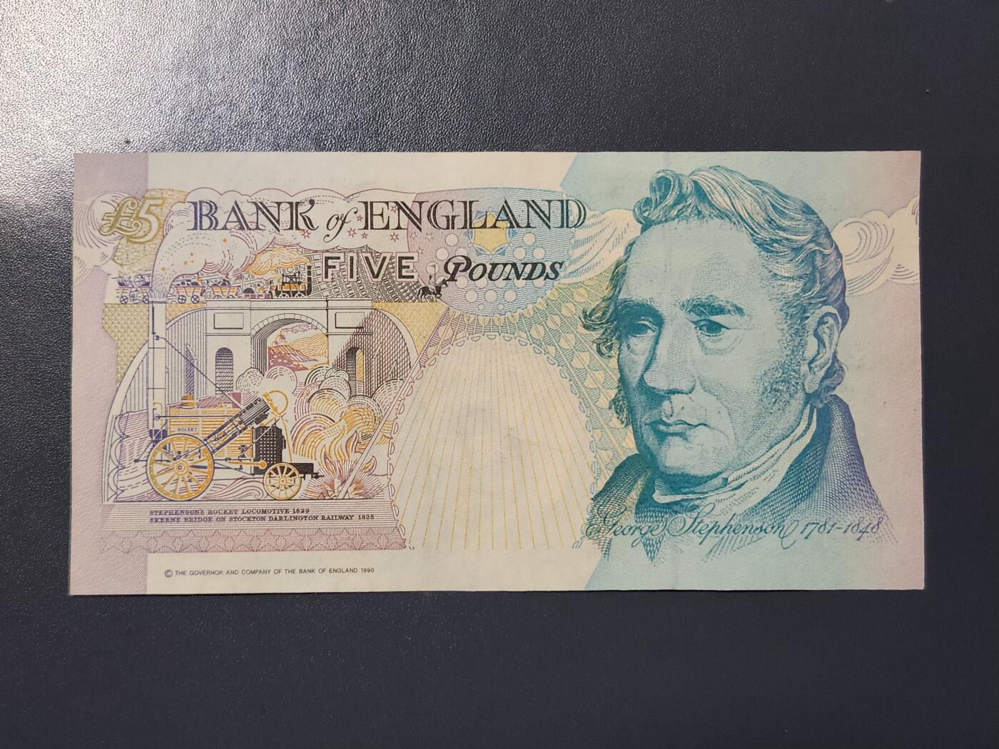 2月26号晚上8点 外国纸币自动截拍第31场 英国E序列初版皇冠版5镑纸币1990年版，火车之父史蒂芬孙稀少签名