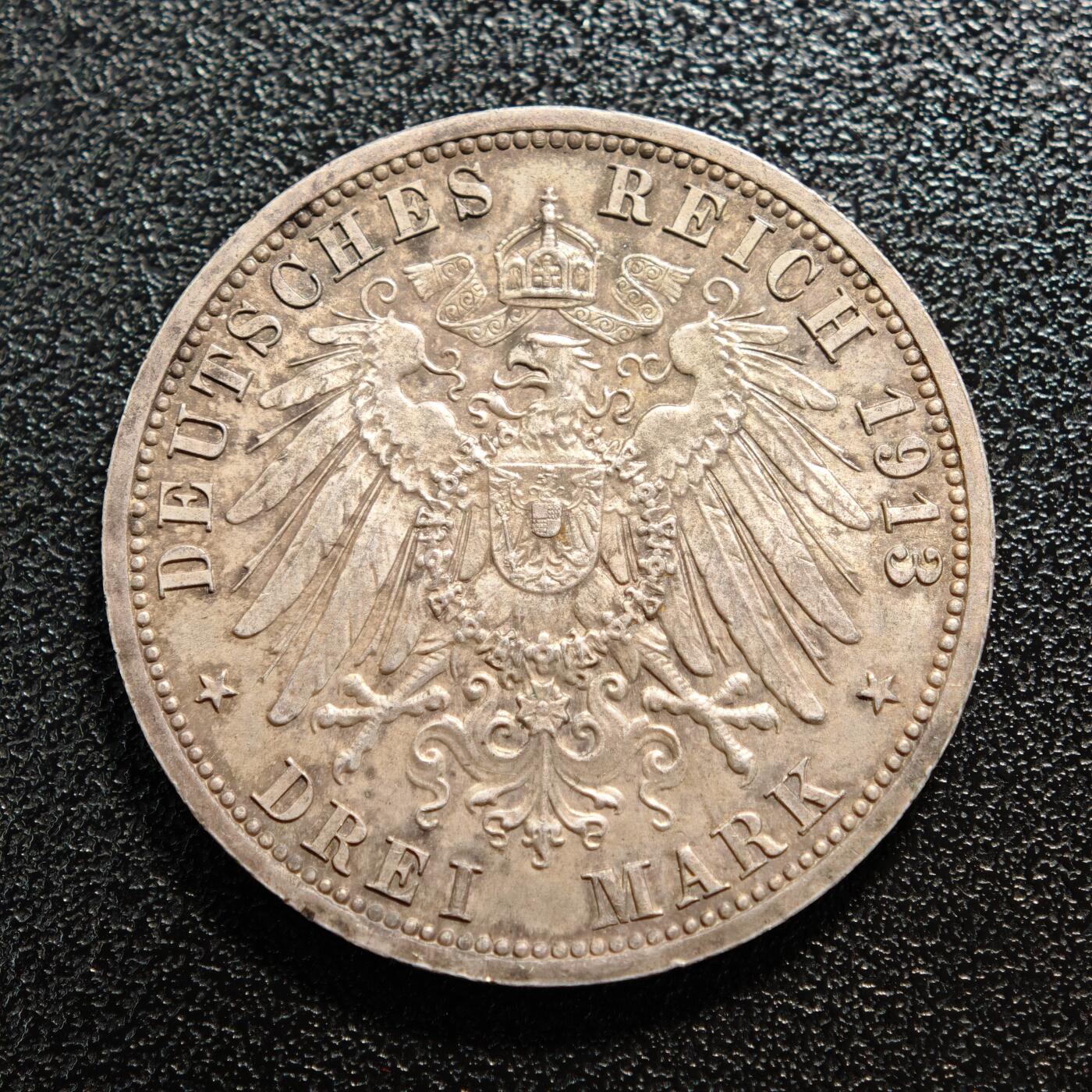 【德藏】世界币章拍卖第167期（拍品征集中~欢迎藏友联系） 1913年 德国普鲁士威廉二世军装3马克银币 直径约：33mm；重约：16.6g